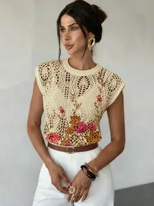 Women's Hollow Out Floral Round Neck Knit Pullover, Casual Short Sleeve Knitwear for Spring Summer Fall, Comfortable All-Season Clothing