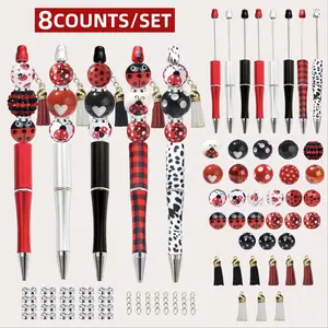 8PCS Ladybug Bead Pen Kit Back to School Supplies | DIY Craft Set with Acrylic Wood Beads & Tassel Pendant | Office Student Stationery Gift for Girls Women Teens (Party Birthday Gift)