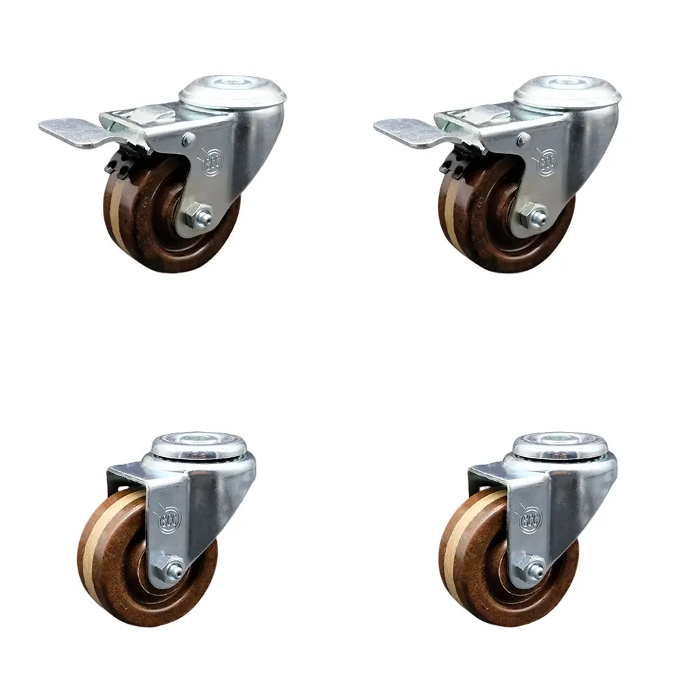 Service Caster SCC-SSBHTTL20S314-PHSHT-2-S-2 Stainless Steel High Temp Phenolic Swivel Bolt Hole Castors (Set of 4) - 3 x 1.25 in Brown Wheels, 2 with Total Locking Brakes for Commercial Bakery Carts, Yes, Up To 475°F