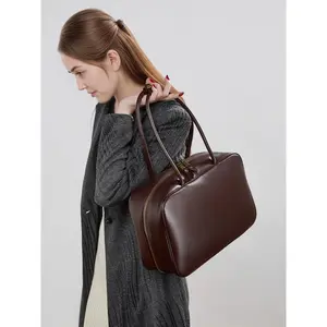 Women's 2026 Genuine Cowhide Leather Boston Bag - Retro Minimalist Top-Handle Tote, Spring-Summer Crossbody Bag, Large Capacity, Scratch-Resistant