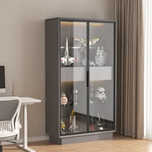 60.6'' Freestanding Grey Glass Door Display Cabinet, Bookcase with LED Lighting & 2 Drawers, Adjustable Shelves