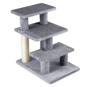 COSTWAY - 3-Tier Cat Stairs 19 Inch Plush Steps with Scratching Posts for High Bed Sofa-Gray