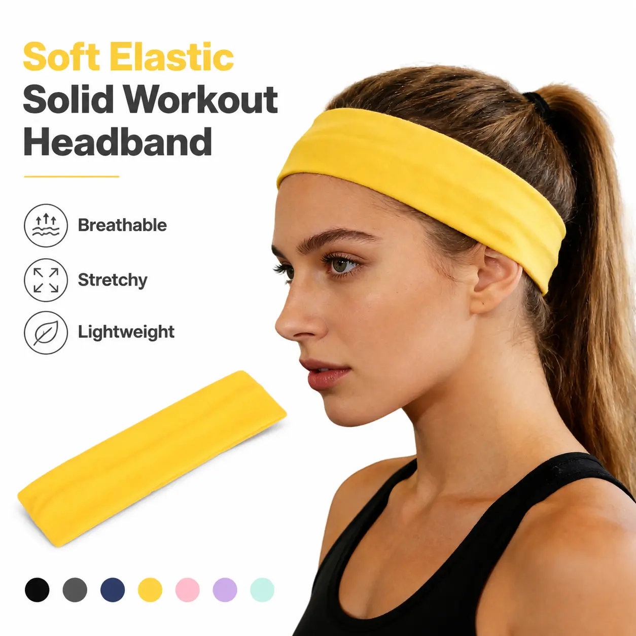 Solid Yellow Stretch Sports Headband Soft Non Slip Sweat Wicking Yoga Hairband Unisex Workout Running Gym Turban Fashion Daily Hair Accessory