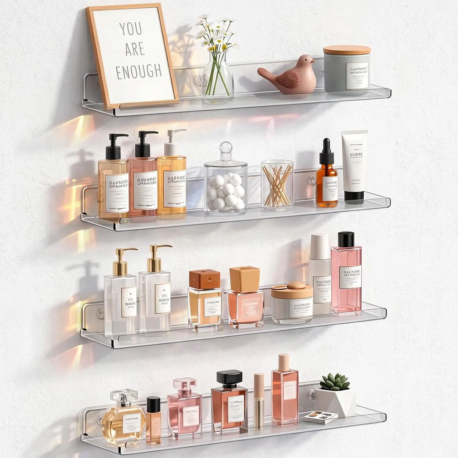 Acrylic Floating Shelves for Bathroom 14" Clear, 4 Pack | Wall Mounted Display Shelf for Makeup, Skincare, Nail Polish, Book, Perfume Organizer for Bedroom, Living Room, Nursery Decor