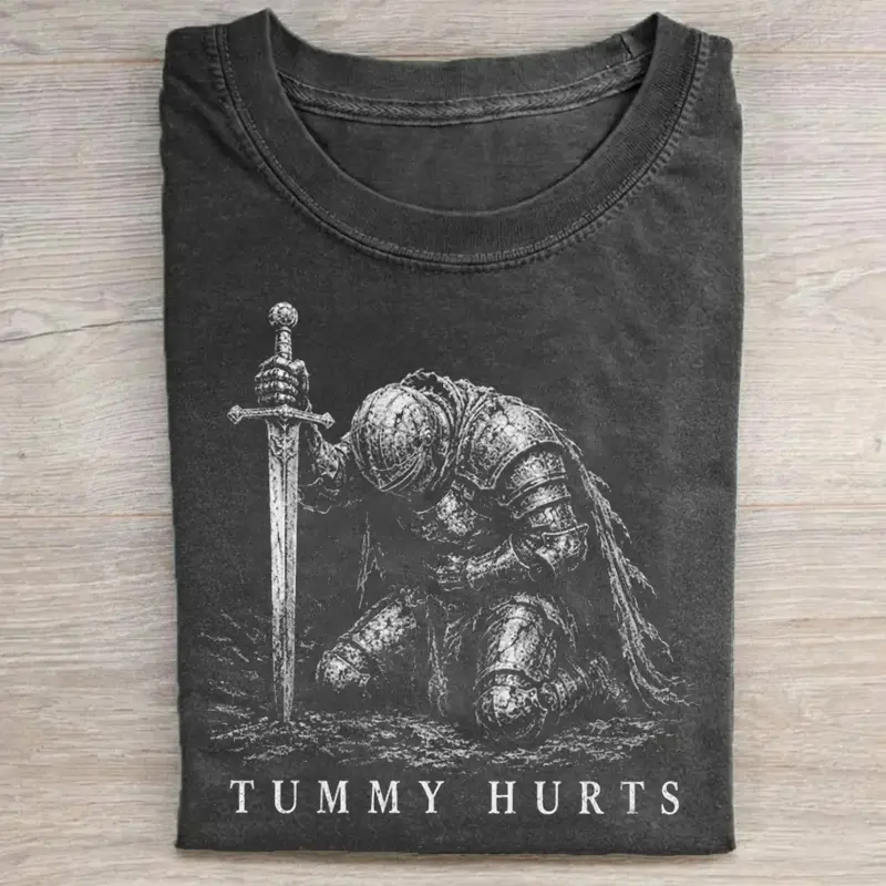 Tummy Hurts Knight Funny Dark Fantasy Graphic Shirt,Unisex Funny T-Shirt,Cool Fashion T-Shir,Cat Lover Shirts,Y2k Shirt,Oversize Shirt,Men Women Streetwear, Gift For Men Women, Apparel for Women Novelty Tees for Guys Black Menswear, Tops, Shortsleeve