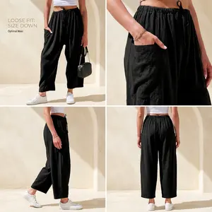 Summer Linen Blend Wide Leg Pants for Women, Casual Loose Fit Beach Trousers with Elastic Waist and Pockets