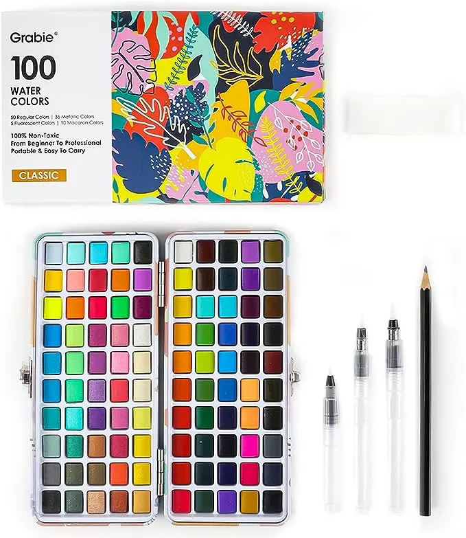 Watercolor Paint Set, 100 Colors Painting with Water Brush Pens and Drawing Pencil, Great for Kids and Adults, Art Supplies, Perfect Starter Kit for Painting