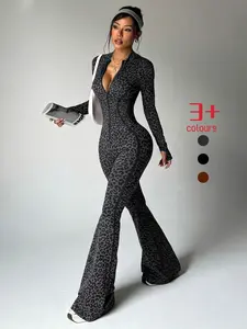 Women's Seamless Leopard Print Yoga Suit, High Waist Butt Lifter, Long Sleeve Zipper, Slim Fit Workout, Running Sportswear, Active Wear