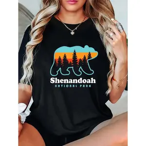 Women's 180g Black Cotton Crew Neck Short Sleeve Graphic Tee with Shenandoah National Park Bear Silhouette, Casual Summer Outdoor Adventure T-Shirt, Nature Lover's Printed Top, Comfortable and Stylish Hiking Apparel