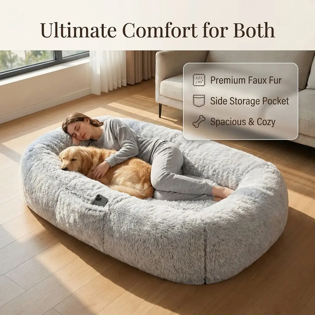 Large Human Dog Bed for Adult, Dog Bed Fits You & Pets, Adult and Pet Washable Giant People DogBed 10 CM Thick Memory Foam Large Oversize Dog Bed with Plump Pillow, Blanket, Strap - GreyWashable Faux Fur,Orthopedic, Plump Pillow, Blanket, Strap