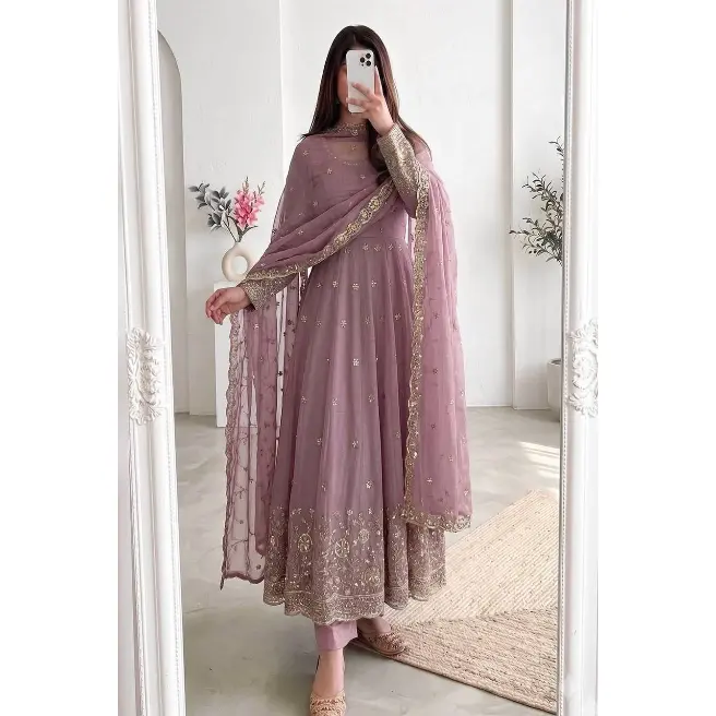 MODERN CRUNCHY SILK EMBROIDERY SEQUENCE WORK GOWN BOTTOM WITH DUPATTA BABY PINK
