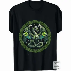 Tribal Irish Green Celtic Knot Fantasy Dragon Patrick Day T-Shirt Vintage Style Crew Neck Slight Stretch Fabric Regu Cool & Casual Cotton Shirt