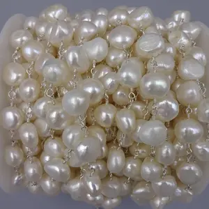 2Ft. 9-10MM Semi Baroque Natural White Freshwater Pearl Rosary Style Beaded Chain. Wire-Wrap Pearl Chain. Large Pearl Chain DIY..