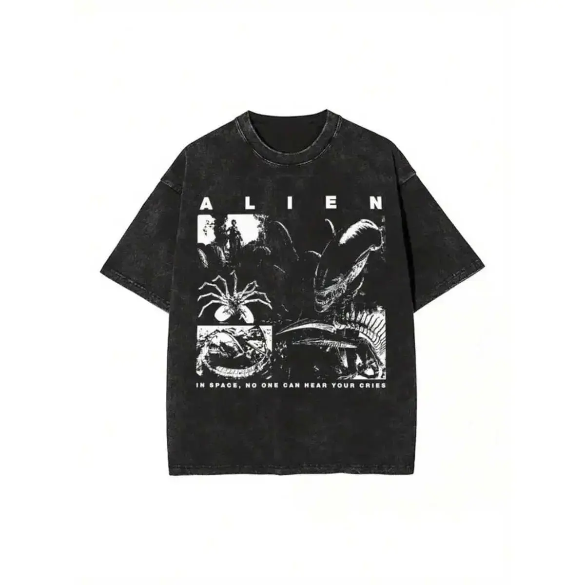 Men's Retro Top with Alien Figure Applique, Washed Distressed Shortsleeve in Soft Breathable Stretch Fabric, Menswear, Valentines Day, Regular Fit, Retro Print, Applique Details, Tshirt, Unisex, Cotton, Knitted, Round Neck, T-Shirt, Graphic, Cotton Graphi