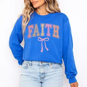 Faith Bow Graphic Gildan Long Sleeve T-Shirt, Christian Fall Style, Pink Ribbon Top, Cozy Casual Womenswear