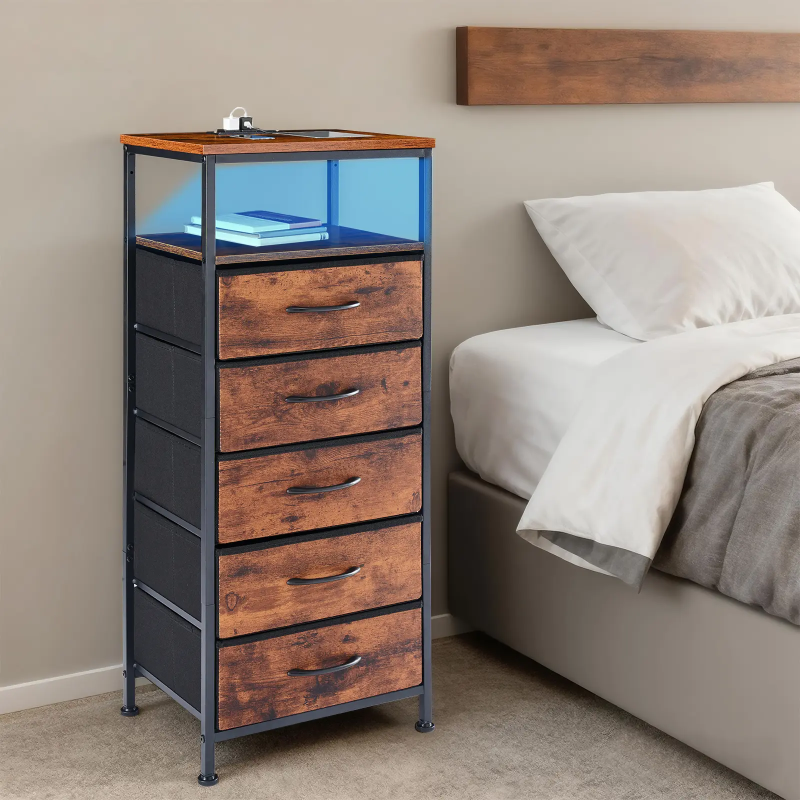 5 Drawer Fabric Dresser with Charging Station, Bedside Table with LED Light Strip, USB/Type-C Ports & Outlets, Tall Storage Tower for Bedroom – Rustic Brown Wood Grain Finish