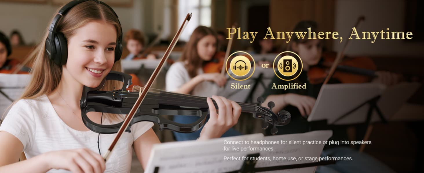 Electric Violin for Beginners - Solid Maple & Spruce, Ebony Fittings, Carbon Fiber Tailpiece, Full Size 4/4 (Black)