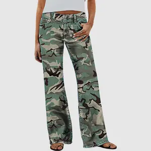Flamingal Camo Print Dual Button Mid Rise Straight Leg Pants