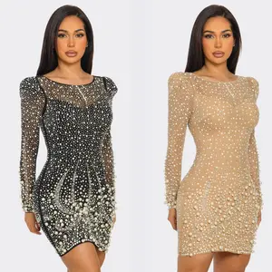 Pearl Embellished Long Sleeve Mini Dress – Black & Nude