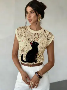 Women's Dreamy Starry Sky Animal Cat Print Hollow Out Round Neck Cover Sleeve Loose Vest Sweater, Casual Knitwear, Comfortable Versatile Top