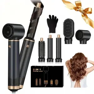 5-in-1 Multi-Function Styling Hair Dryer with Detachable Hot Air Curling Brush Automatic Curling Iron Air Curling Styler Volumizer & Straightener Quick-Drying for All Hair Types Black Edition