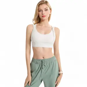 Anna-Kaci Active Women's Medium Impact Sports Bra with Wide Band and Scoop Neck - Large, White