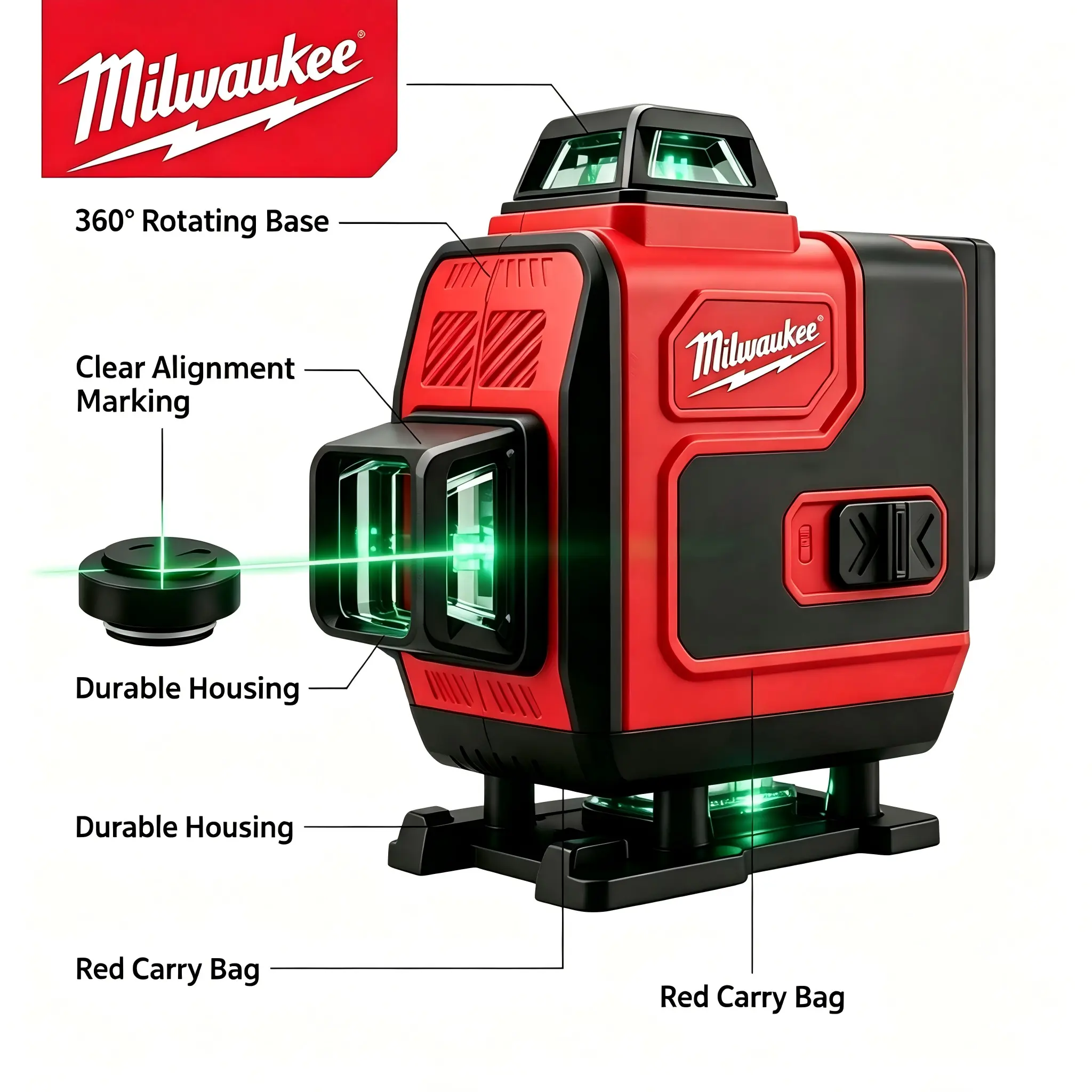 Milwaukee 3-Plane Green Cross-Line Laser Level, Self-Leveling Layout Tool with Carry Bag, for Tile Installation & Construction Use removable collapsible kit set panel system sport multiple rebounder room mount fan hand skirt              hose  comfortable