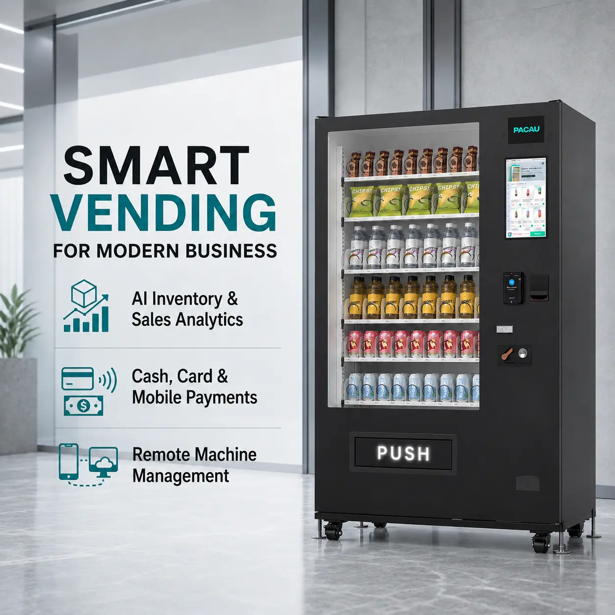 60 Slot Smart Vending Machine with Cashless Payment, Credit Card, Coin & Bill Acceptor, Remote App Management, AI Smart Inventory, Commercial Snack Drink Vending Machine for Business, Office, Gym, Hotel