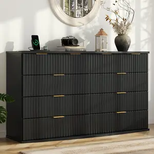 8 Drawer Dresser for Bedroom，Wide Black Chest of Drawers with Fluted Panel Wooden Dresser Organizer Sturdy Metal Handles