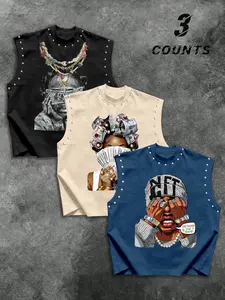 3-Pack Rivet-Decorated Portrait Print Sleeveless Tank Tops, Men's Loose-Fit Streetwear, Trendy Casual for Everyday Wear