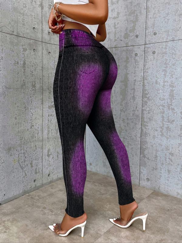 Women's High Waist Faux Denim Printed Skinny Pants, Casual & Formal Wear, All Seasons, Vibrant Pattern, Adult Bottoms