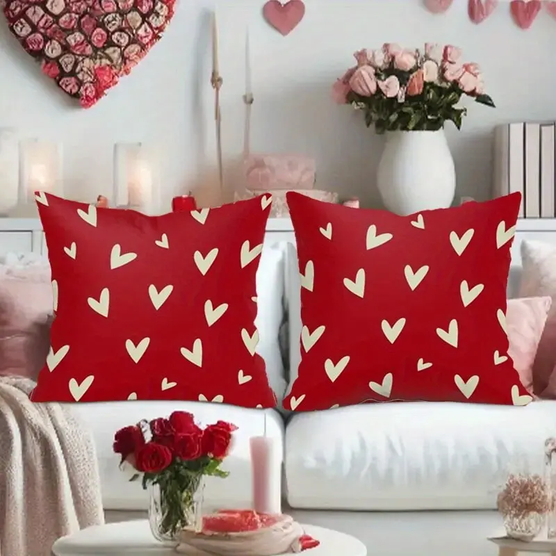 2PCS Red Heart Reversible Printed Pillow Covers with Zipper, Home Decorative Cushion Covers for Sofa, Sofa Cushion Cover