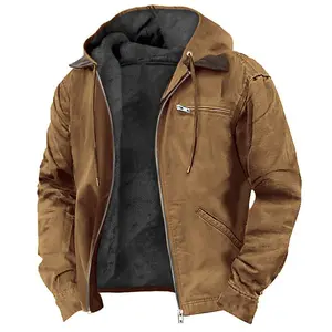 Winter Men Plush Jacket Vintage Solid Color Zipper Male Hooded Coat Long Sleeve Windproof Casual Versatile Man Cargo Outerwear