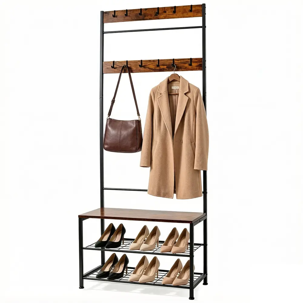 3-in-1 Hall Tree with Shoe Storage Bench and 12 Hooks, Entryway Coat Rack Mudroom Shoe Changing Seat Stand, Industrial Rustic Brown Metal Frame Anti-Tip Kit Easy Assembly