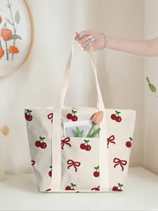 Cherry Bow Print Large Capacity Tote Bag, Casual Commuter Unique Pattern Shoulder Backpack with Zipper Closure, Ideal for Gym Beach Work Travel