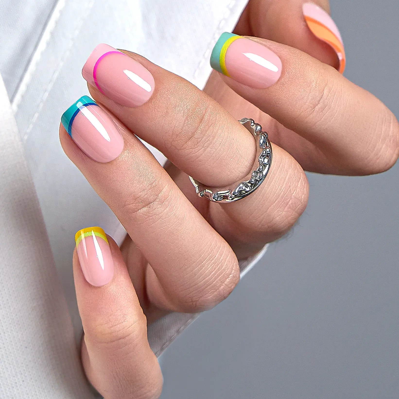 CurvLife Colorful French Tip Press-On Nails | 30Pcs | Short Square | Soft Gel Look, Reusable & Chip-Resistant, Easy to Apply, Natural Fit, No UV Lamp Needed | Summervibes | Spring Summer Rainbow Nail Design for Women, Beginners, Gifts