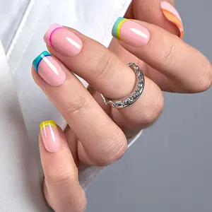 Colorful French Tip Press-On Nails Short Square – Soft Gel Look, Reusable & Chip-Resistant, Easy to Apply, Natural Fit, No UV Lamp Needed | Spring Summer Rainbow Nail Design for Women, Beginners, Gifts, DIY Nail Art at Home or Salon