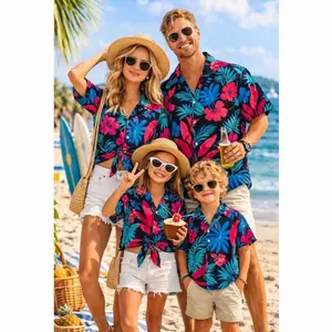 Vibrant Tropical Hibiscus Palm Leaves Hawaiian Shirt Family Matching Set – Teal Blue Aloha Vacation Beach Luau Summer Outfits, Father's day CPI