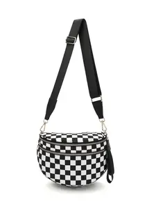 Spacious Checkered Nylon Crossbody Bag Bum Bag Checkered Handbags Wallets for Women