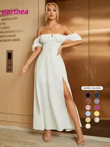 Women'sOffTheShoulderRuchedTieFrontSplitThighDress,ElegantPuffSleeveALineLongDressforPartyHolidayDatingWear,LadyChicMilkmaidDress,FormalLadiesSummerClothes,AestheticsWomenswear