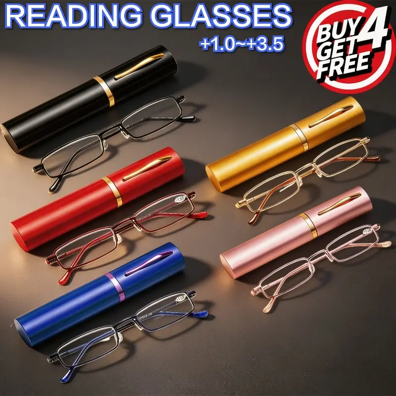 Pocket Reading Glasses Set (5-Color Mini Pen Tube), Foldable Thin Metal Frame, Aluminum Case, Anti-Blue Light Lenses, +1.0~+3.5 Diopters eyeglass