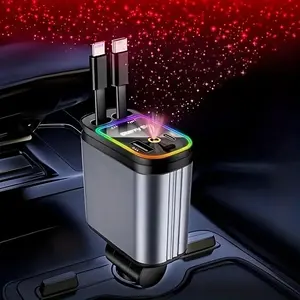 Starry Sky 4-in-1 Car Charger for Father's Day, Summer Festivals - Dual 31-in Retractable Cables, Fast-Charging USB-C & USB Ports, Max 36V, Tangle-Free, Rechargeable Polymer Battery, Ambient Light, Starry Light Projection