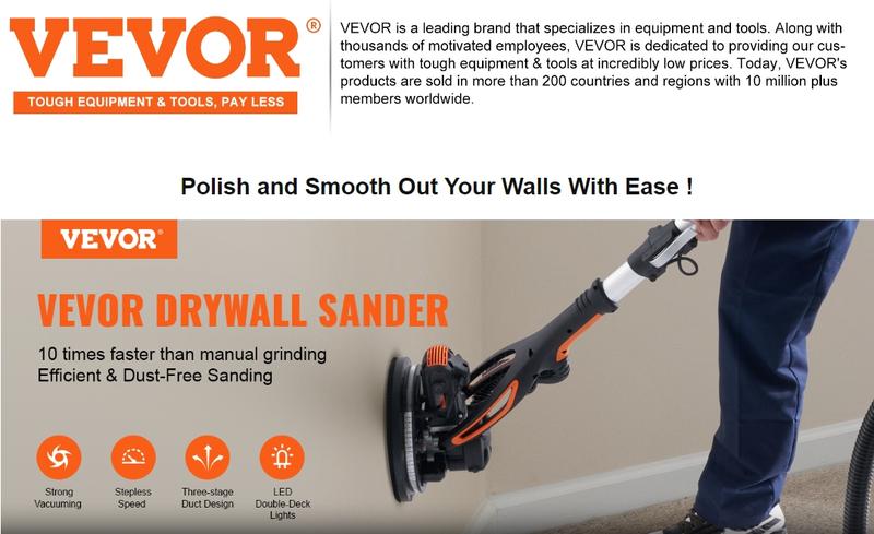 VEVOR Electric Drywall Sander 900W, TikTokShopBlackFriday, Self-Suction & Variable Speed 800-1800 RPM, Foldable Handle & Self-Suction, with LED Strip Light and Vacuum Bag Power Tool  VEVOR Super Brand Day