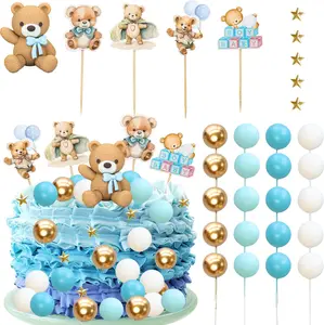 38 Pack Bear Cake Toppers Star Balls Cake Decorations Baby Shower Cupcake Toppers for Boy Girl Baby Shower Birthday Party Decorations Blue