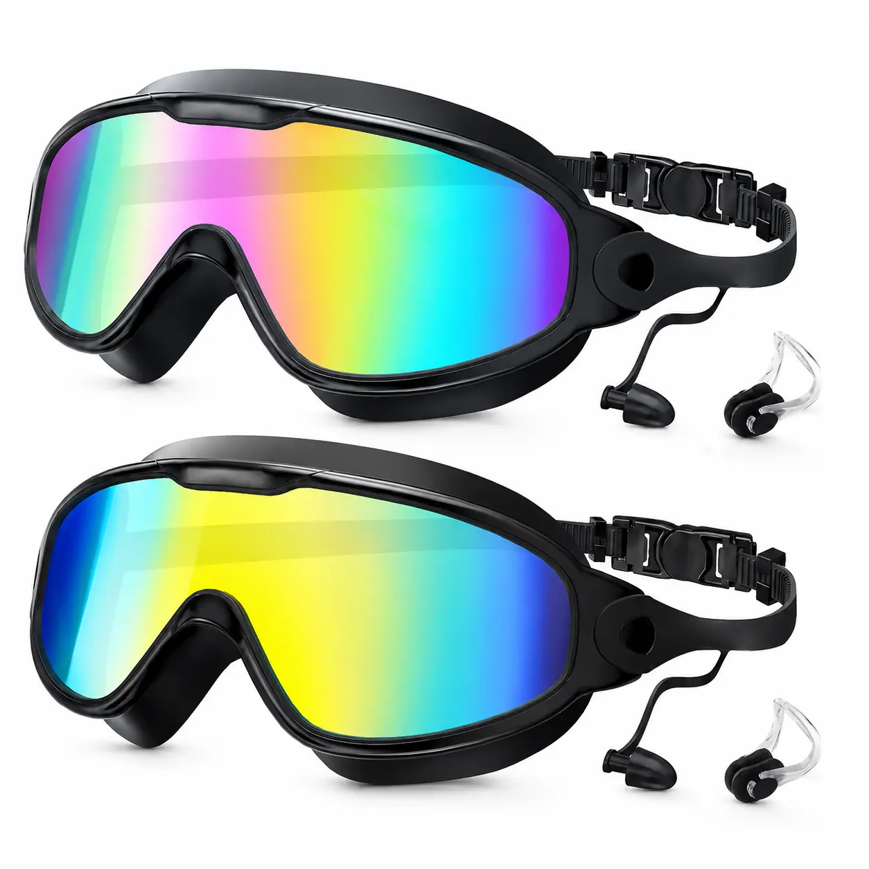 Adult Wide View Swim uv-protected Goggles, Anti-Fog UV Protection No-Leak Swimming Glasses for Men & Women with Earplugs & Nose Clip, Pool & Outdoor Swimming,outdoor swimming goggles