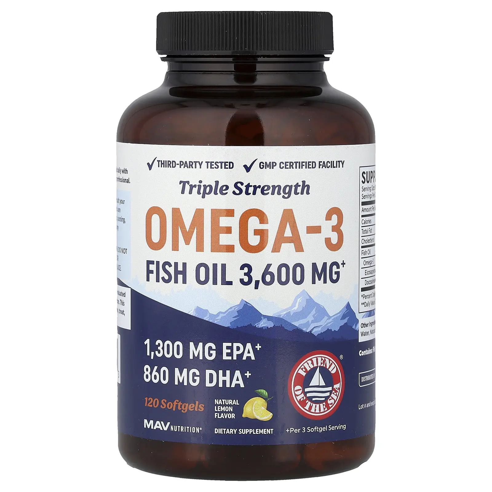 MAV Nutrition Omega-3 Fish Oil, Natural Lemon, 120 Softgels