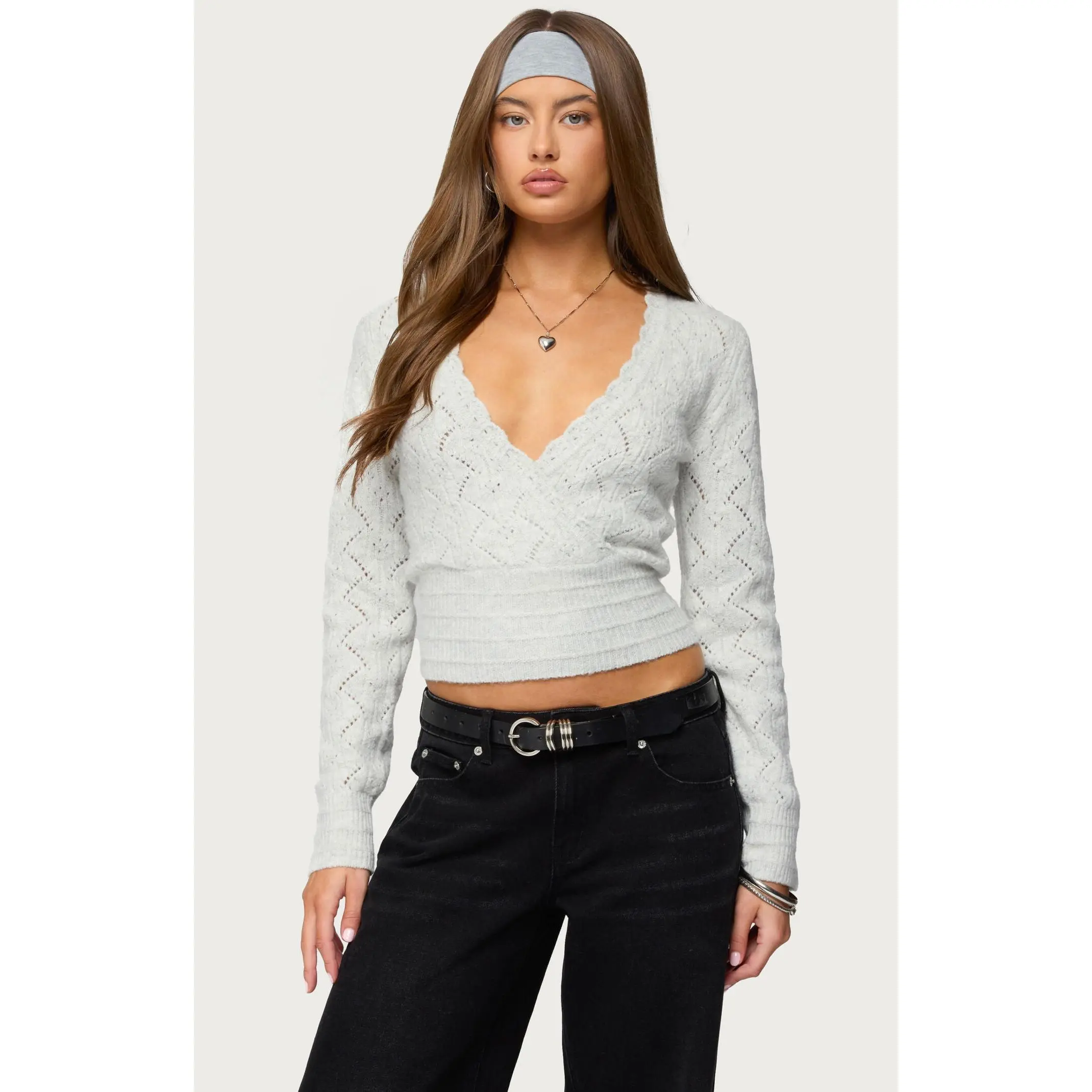 Edikted Women's Janine Pointelle Knit V Neck Top