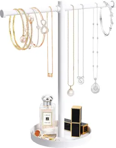 Jewelry Necklace Organizer Stand 5.9"D x 12.4"W x 12.9"H Tall Sturdy Metal Jewelry Stand with Round Tray for Bracelet Bangles Holder Display,Long Necklace Organizer Holder (white)