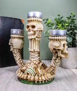 Ebros Trio Ossuary Graveyard Skulls & Skeleton Bones Candelabra Candle holder