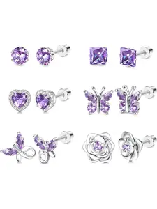 6 Pairs Purple Blue Shining Butterfly Flower Ear Studs for Women Men Valentines Day Gifts Hypoallergenic Screw Back Earrings Surgical Stainless Steel Stud Earrings for Sensitive Ears Jewelry Set